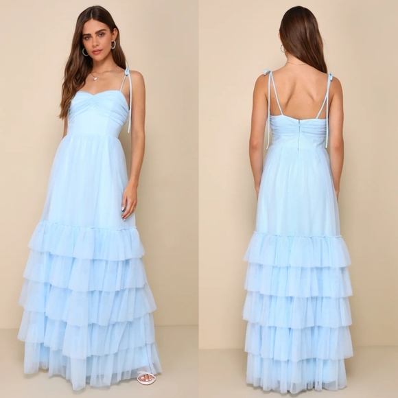 Lulus Endlessly Darling Light Blue Mesh Tiered Tie-Strap Maxi Dress M Wedding - Picture 1 of 9